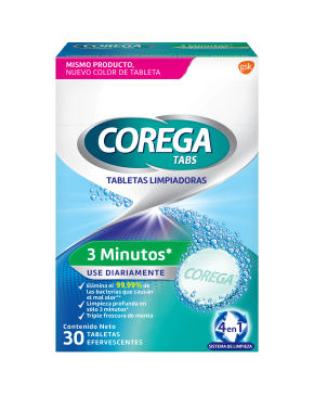Corega 3 Minutos Tabletas Limpiadoras x 1 Caja con 30 Unidades Efervecentes